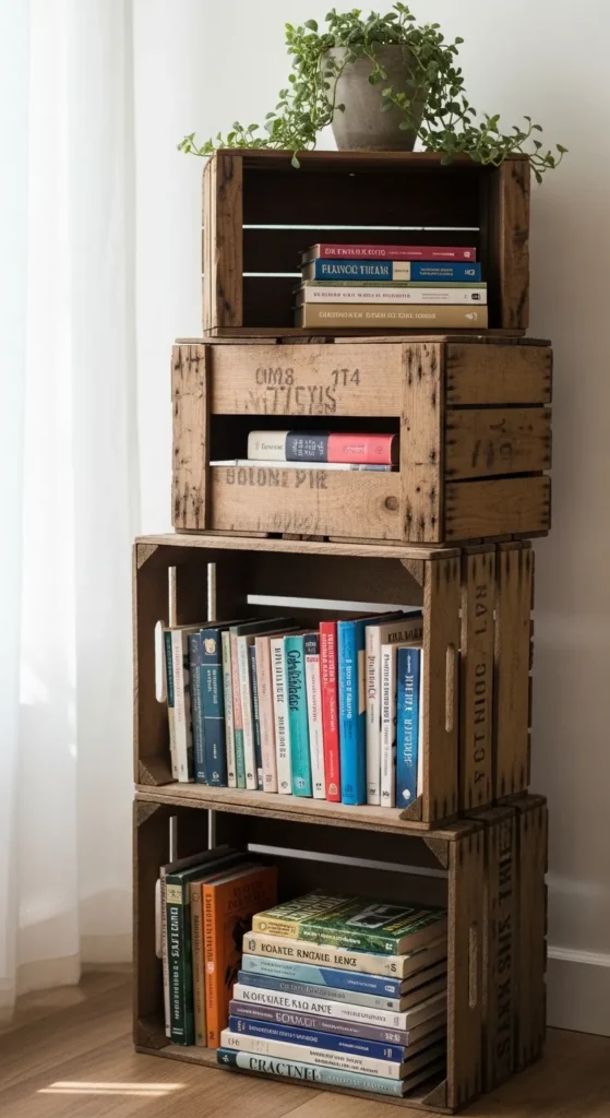 Thrifted Wooden Crates as Bookshelves