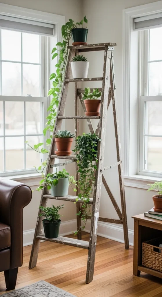 Upcycled Wooden Ladder Plant Shelf