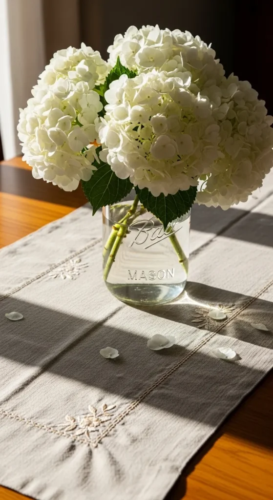 White Hydrangea in a Mason Jar