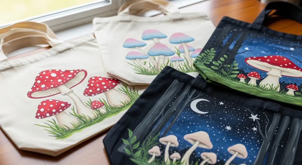 21 Magical mushroom tote bag painting ideas for Whimsical and Trendy Bag Designs