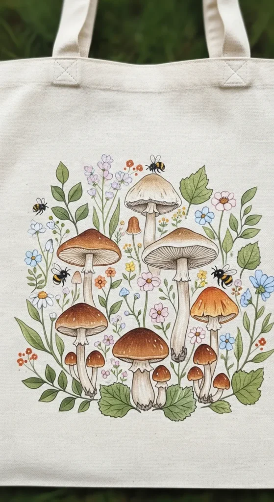  Mushrooms with Bees and Leaves