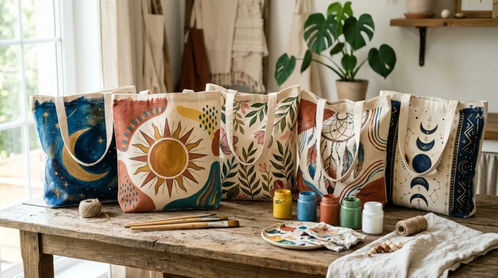 27 Cozy Boho Tote Bag Painting Ideas for Relaxed and Artsy Everyday Fashion