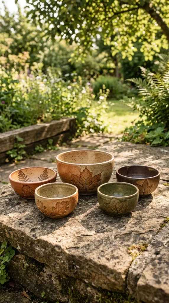 Textured Clay Bowls with Leaf Prints